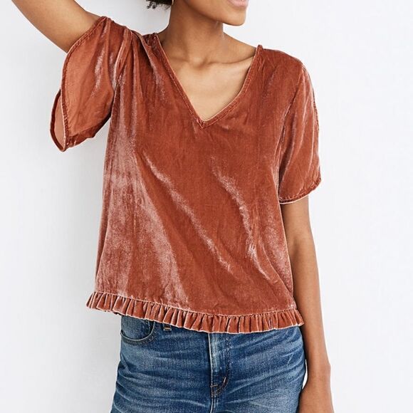 NWOT Madewell Velvet Tulip-Sleeve Ruffle Top - Picture 1 of 7